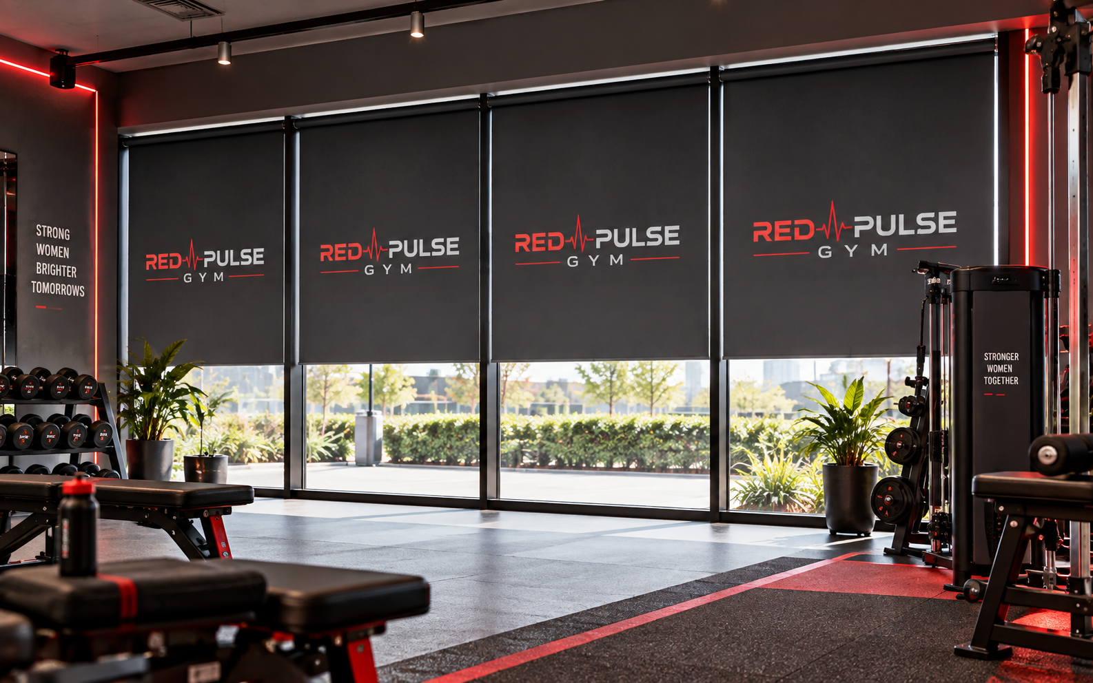 RED PULSE Women’s Gym — Custom Roller Blinds
